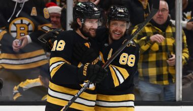 Dec 18, 2025; Boston, Massachusetts, USA; Boston Bruins center Pavel Zacha (18) celebrates with right wing David Pastrnak (88) after scoring against the Edmonton Oilers during the first period at TD Garden. Mandatory Credit: Winslow Townson-Imagn Images