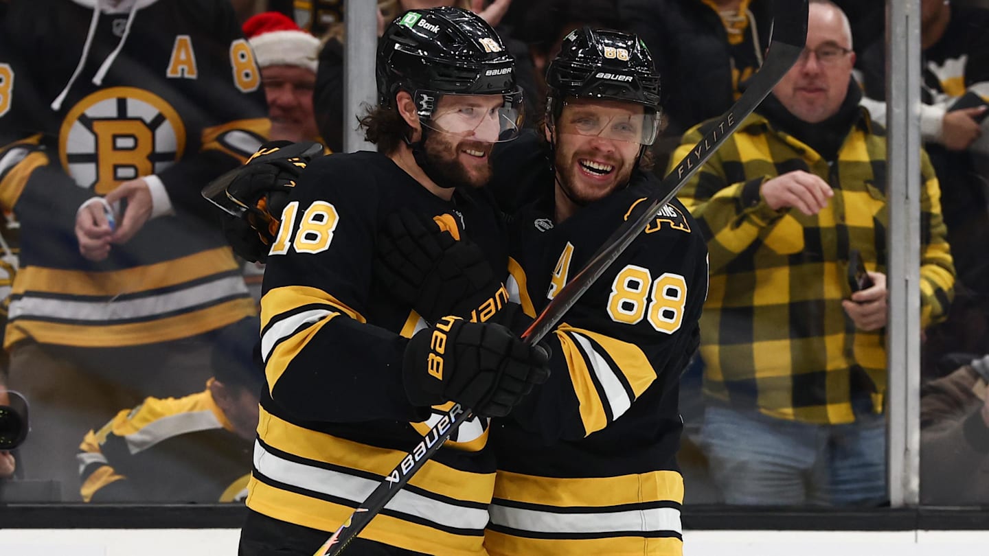 Dec 18, 2025; Boston, Massachusetts, USA; Boston Bruins center Pavel Zacha (18) celebrates with right wing David Pastrnak (88) after scoring against the Edmonton Oilers during the first period at TD Garden. Mandatory Credit: Winslow Townson-Imagn Images
