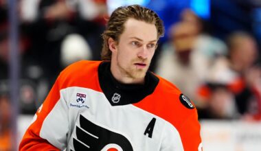 Jan 23, 2026; Denver, Colorado, USA;  Philadelphia Flyers defenseman Travis Sanheim (6) warms up before the game against the Colorado Avalanche at Ball Arena.