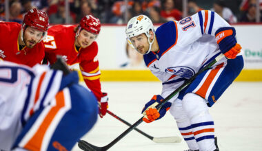 Feb 4, 2026; Calgary, Alberta, CAN; Edmonton Oilers left wing Zach Hyman (18) against the Calgary Flames during the first period at Scotiabank Saddledome. Mandatory Credit: Sergei Belski-Imagn Images