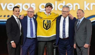 Jun 28, 2024; Las Vegas, Nevada, USA; Trevor Connelly is selected by the Vegas Golden Knights with the 19th overall pick in the first round of the 2024 NHL Draft at The Sphere. Mandatory Credit: Stephen R. Sylvanie-Imagn Images
