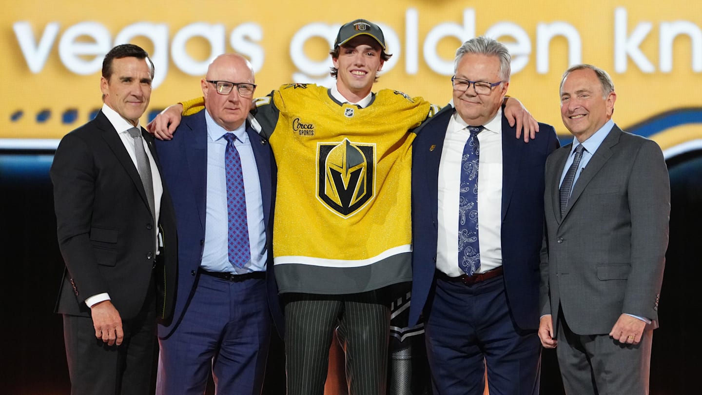 Jun 28, 2024; Las Vegas, Nevada, USA; Trevor Connelly is selected by the Vegas Golden Knights with the 19th overall pick in the first round of the 2024 NHL Draft at The Sphere. Mandatory Credit: Stephen R. Sylvanie-Imagn Images