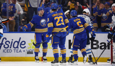 Dec 1, 2025; Buffalo, New York, USA;  Buffalo Sabres center Josh Norris (9) celebrates his goal with teammates during the first period against the Winnipeg Jets at KeyBank Center. Mandatory Credit: Timothy T. Ludwig-Imagn Images