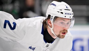 Dec 21, 2025; Dallas, Texas, USA; Toronto Maple Leafs defenseman Simon Benoit (2) looks on during the game at the American Airlines Center. Mandatory Credit: Jerome Miron-Imagn Images