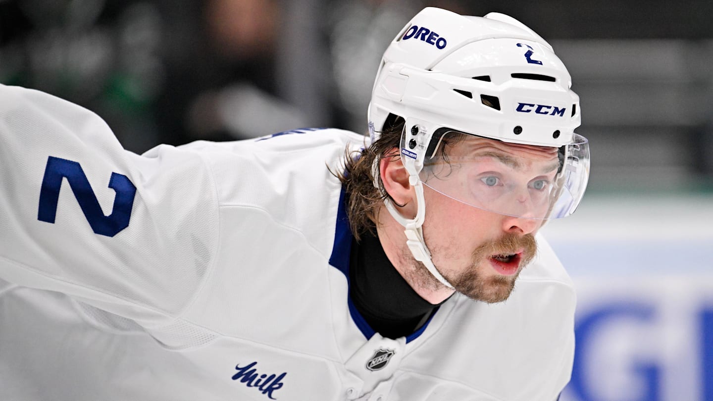 Dec 21, 2025; Dallas, Texas, USA; Toronto Maple Leafs defenseman Simon Benoit (2) looks on during the game at the American Airlines Center. Mandatory Credit: Jerome Miron-Imagn Images