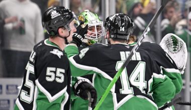 Feb 2, 2026; Dallas, Texas, USA; Dallas Stars defenseman Thomas Harley (55) and goaltender Jake Oettinger (29) and left wing Jamie Benn (14) celebrate after the Stars defeat the Winnipeg Jets during the overtime period at the American Airlines Center. Mandatory Credit: Jerome Miron-Imagn Images