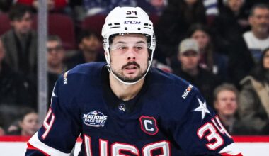 Feb 13, 2025; Montreal, Quebec, CAN; [Imagn Images direct customers only] Team USA forward Auston Matthews (34) looks on against Team Finland in the first period during a 4 Nations Face-Off ice hockey game at Bell Centre. Mandatory Credit: David Kirouac-Imagn Images