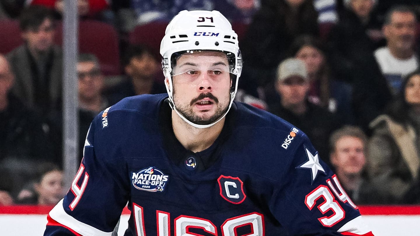 Feb 13, 2025; Montreal, Quebec, CAN; [Imagn Images direct customers only] Team USA forward Auston Matthews (34) looks on against Team Finland in the first period during a 4 Nations Face-Off ice hockey game at Bell Centre. Mandatory Credit: David Kirouac-Imagn Images
