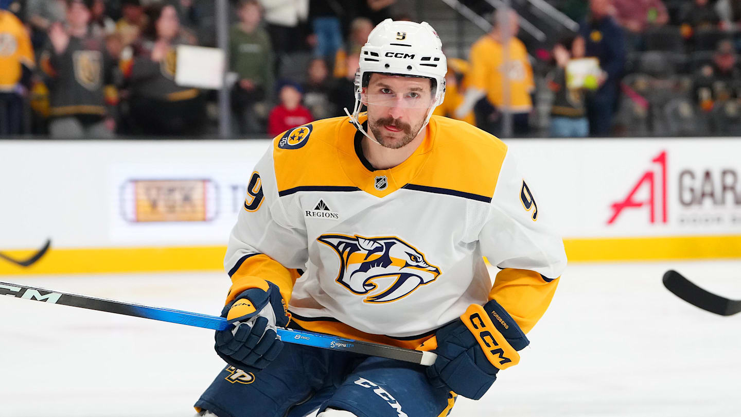 Jan 17, 2026; Las Vegas, Nevada, USA; Nashville Predators left wing Filip Forsberg (9) warms up before a game against the Vegas Golden Knights at T-Mobile Arena. Mandatory Credit: Stephen R. Sylvanie-Imagn Images