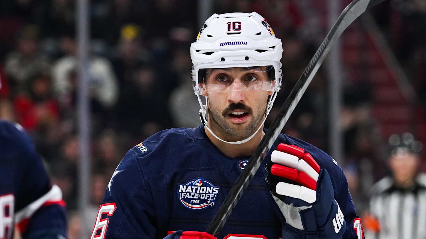 Feb 13, 2025; Montreal, Quebec, CAN; [Imagn Images direct customers only] Team USA forward Vincent Trocheck (16) looks on against Team Finland in the second period during a 4 Nations Face-Off ice hockey game at Bell Centre. Mandatory Credit: David Kirouac-Imagn Images