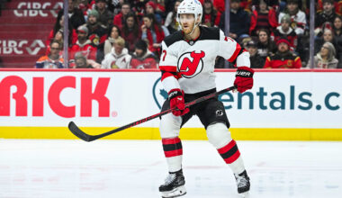 Jan 31, 2026; Ottawa, Ontario, CAN; New Jersey Devils defenseman Dougie Hamilton (7) tracks the play against the Ottawa Senators during the first period at Canadian Tire Centre.