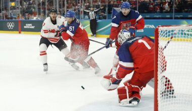 Feb 12, 2026; Milan, Italy;  Lukas Dostal of Czechia makes a save against Canada in a men's ice hockey group A match during the Milano Cortina 2026 Olympic Winter Games at Milano Santagiulia Ice Hockey Arena. Mandatory Credit: Geoff Burke-Imagn Images
