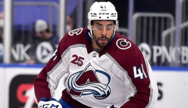 Apr 22, 2021; St. Louis, Missouri, USA;  Colorado Avalanche center Pierre-Edouard Bellemare (41) handles the puck during the second period against the St. Louis Blues at Enterprise Center. Mandatory Credit: Jeff Curry-Imagn Images