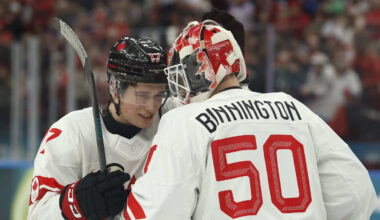 Feb 12, 2026; Milan, Italy; Macklin Celebrini and Jordan Binnington of Canada celebrate after the match against Czechia in a men's ice hockey group A match during the Milano Cortina 2026 Olympic Winter Games at Milano Santagiulia Ice Hockey Arena. Mandatory Credit: Geoff Burke-Imagn Images