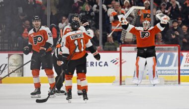 Feb 3, 2026; Philadelphia, Pennsylvania, USA; Philadelphia Flyers defenseman Rasmus Ristolainen (55) celebrates his empty net goal with right wing Travis Konecny (11) against the Washington Capitals during the third period at Xfinity Mobile Arena.