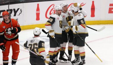 Feb 1, 2026; Anaheim, California, USA;  Vegas Golden Knights left wing Ivan Barbashev (49) celebrates with teammates after scoring a goal during the third period against the Anaheim Ducks at Honda Center. Mandatory Credit: Kiyoshi Mio-Imagn Images