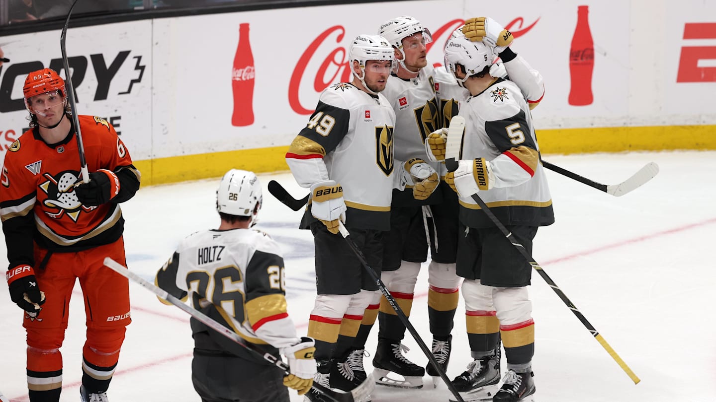 Feb 1, 2026; Anaheim, California, USA;  Vegas Golden Knights left wing Ivan Barbashev (49) celebrates with teammates after scoring a goal during the third period against the Anaheim Ducks at Honda Center. Mandatory Credit: Kiyoshi Mio-Imagn Images