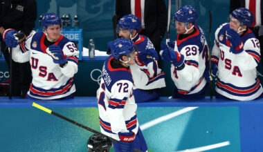 [US, Mexico & Canada customers only] Feb 12, 2026; Milan, Italy; Tage Thompson of United States celebrates scoring their third goal with teammates against Latvia in men's ice hockey group C play during the Milano Cortina 2026 Olympic Winter Games at Milano Santagiulia Ice Hockey Arena. Mandatory Credit: Mike Segar/Reuters via Imagn Images