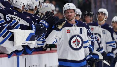 Winnipeg Jets defenceman Josh Morrissey (44) celebrates his goal against the Minnesota Wild.