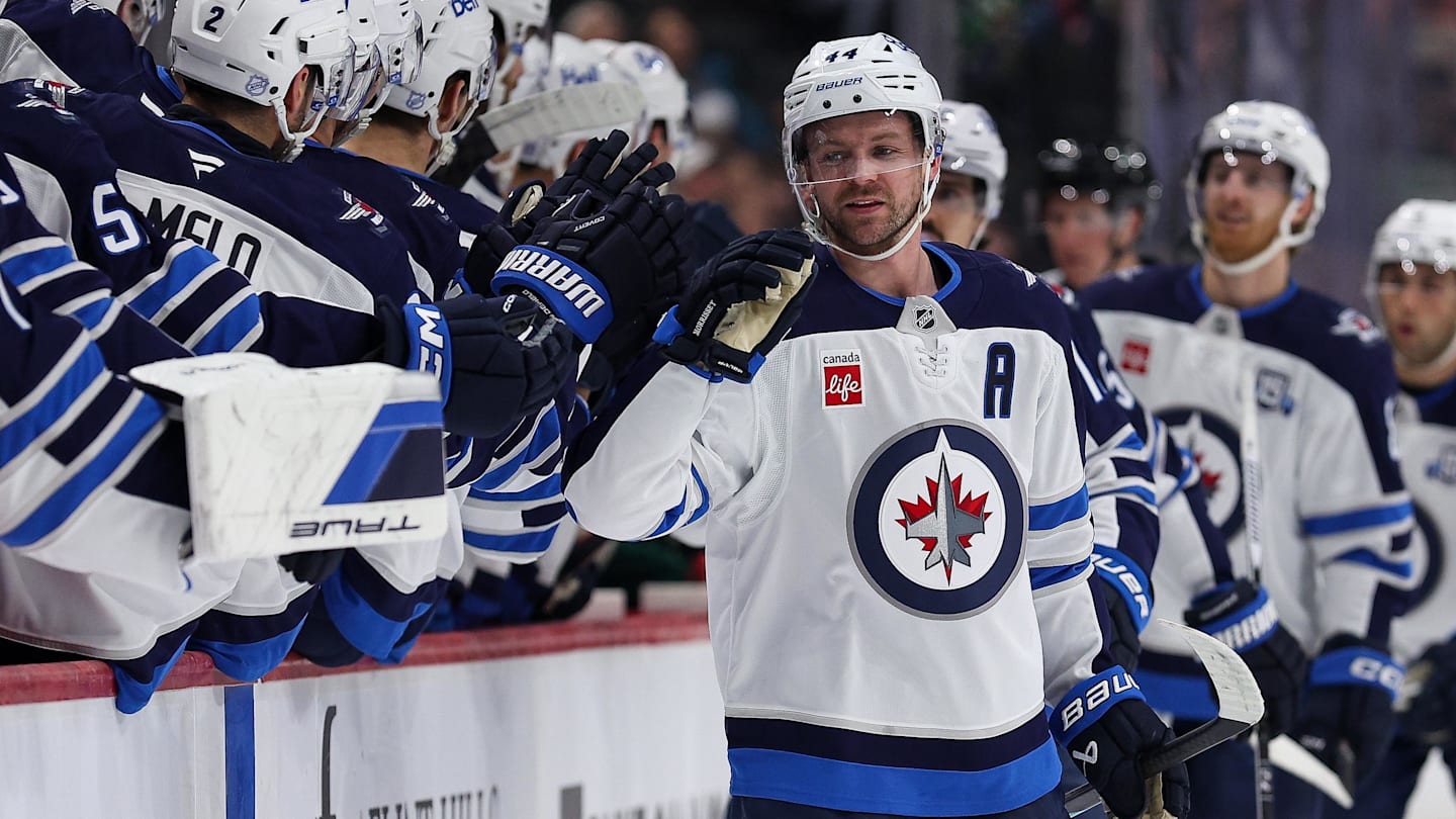 Winnipeg Jets defenceman Josh Morrissey (44) celebrates his goal against the Minnesota Wild.