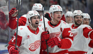 Jan 21, 2026; Toronto, Ontario, CAN;  Detroit Red Wings forward Dylan Larkin (71) celebrates with forward Lucas Raymond (23) and teammates after scoring the winning goal in overtime against the Toronto Maple Leafs at Scotiabank Arena. Mandatory Credit: Dan Hamilton-Imagn Images