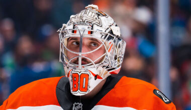 Dec 30, 2025; Vancouver, British Columbia, CAN; Philadelphia Flyers goalie Dan Vladar (80) during a stop in play against the Vancouver Canucks in the second period at Rogers Arena. Mandatory Credit: Bob Frid-Imagn Images