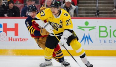 Feb 4, 2026; Sunrise, Florida, USA; Boston Bruins defenseman Hampus Lindholm (27) moves the puck against Florida Panthers right wing MacKie Samoskevich (11) during the first period at Amerant Bank Arena. Mandatory Credit: Sam Navarro-Imagn Images