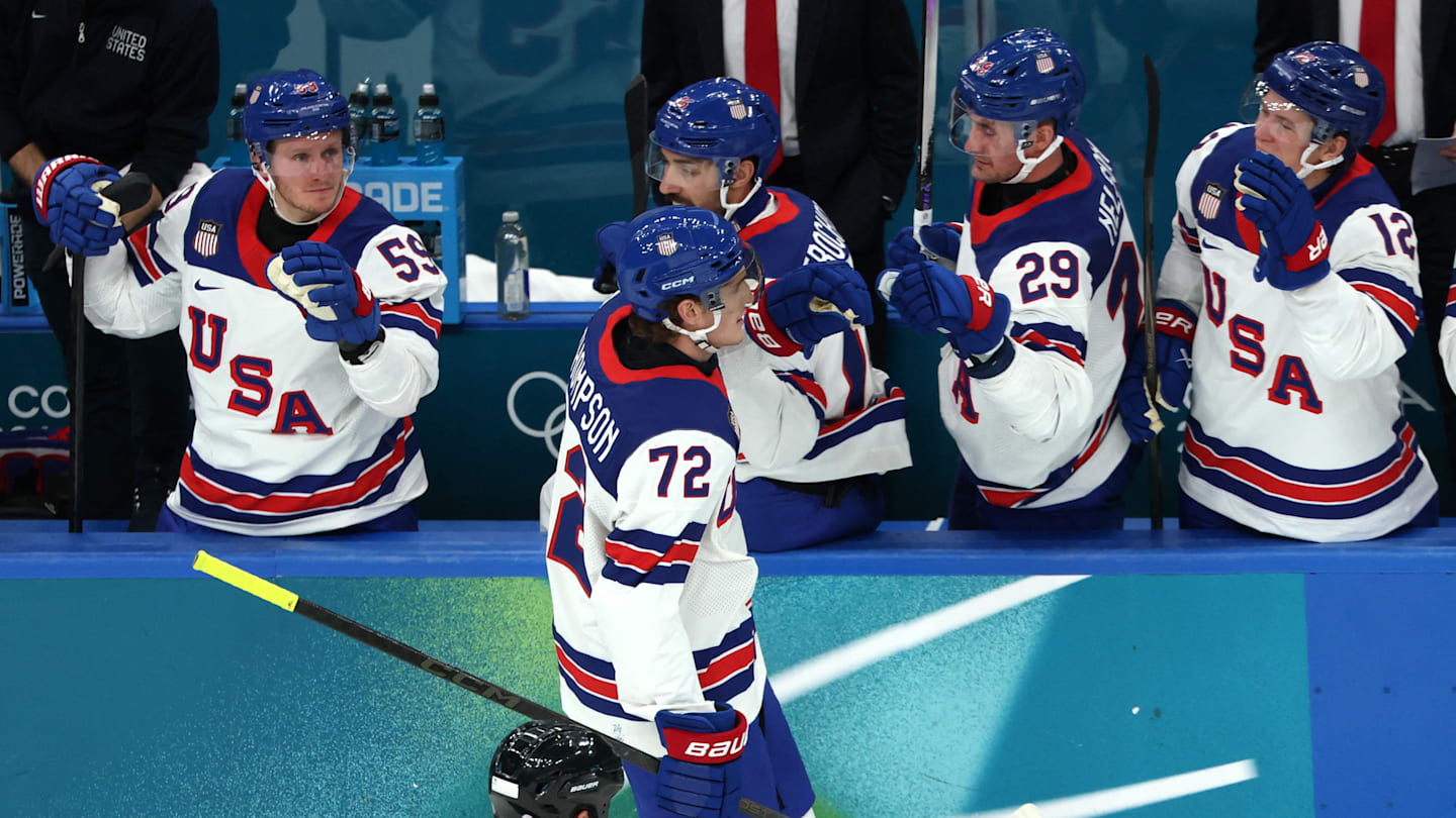 [US, Mexico & Canada customers only] Feb 12, 2026; Milan, Italy; Tage Thompson of United States celebrates scoring their third goal with teammates against Latvia in men's ice hockey group C play during the Milano Cortina 2026 Olympic Winter Games at Milano Santagiulia Ice Hockey Arena. Mandatory Credit: Mike Segar/Reuters via Imagn Images
