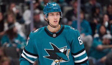 Dec 18, 2025; San Jose, California, USA; San Jose Sharks defenseman Shakir Mukhamadullin (85) looks on against the Dallas Stars during the third period at SAP Center at San Jose. Mandatory Credit: Robert Edwards-Imagn Images