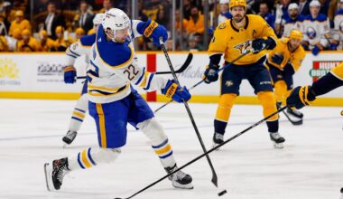 Jan 20, 2026; Nashville, Tennessee, USA;  Buffalo Sabres right wing Jack Quinn (22) takes a shot on goal against the Nashville Predators during the second period at Bridgestone Arena. Mandatory Credit: Steve Roberts-Imagn Images