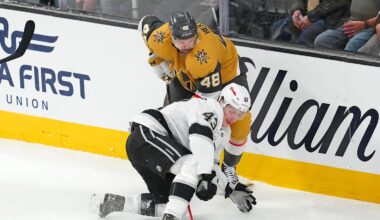 Feb 5, 2026; Las Vegas, Nevada, USA; Los Angeles Kings defenseman Jacob Moverare (43) attempts a hand pass in front of Vegas Golden Knights center Tomas Hertl (48) during the third period at T-Mobile Arena. Mandatory Credit: Stephen R. Sylvanie-Imagn Images