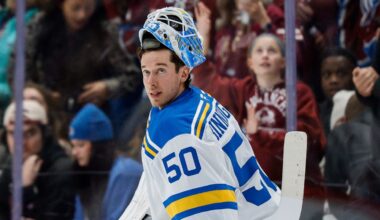 Dec 31, 2025; Denver, Colorado, USA; St. Louis Blues goaltender Jordan Binnington (50) skates to the net after a timeout in the first period against the Colorado Avalanche at Ball Arena. Mandatory Credit: Isaiah J. Downing-Imagn Images