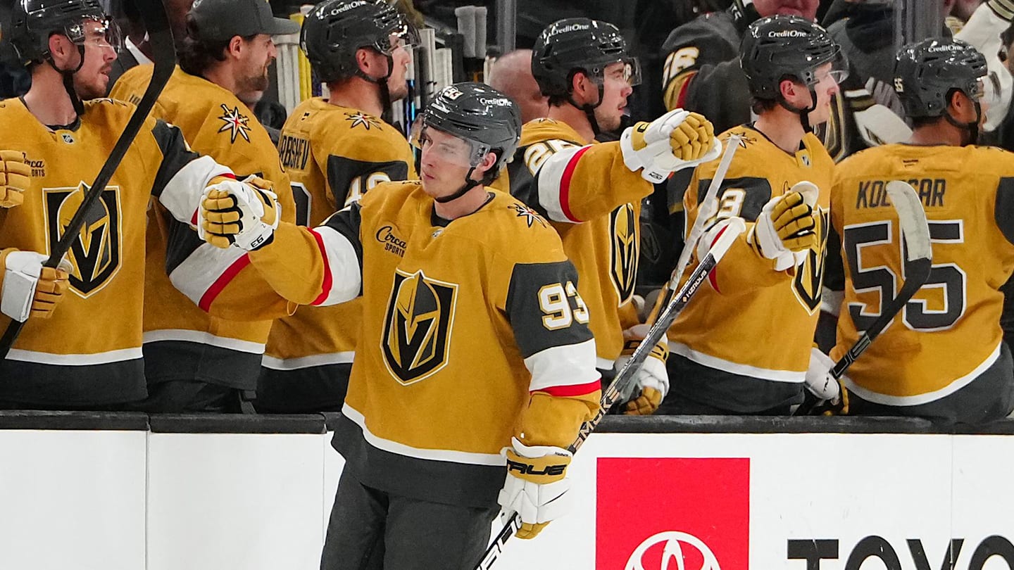 Jan 31, 2026; Las Vegas, Nevada, USA; Vegas Golden Knights right wing Mitch Marner (93) celebrates after scoring a goal against the Seattle Kraken during the second period at T-Mobile Arena. Mandatory Credit: Stephen R. Sylvanie-Imagn Images