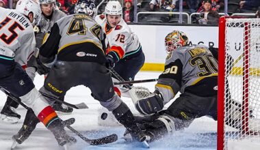 Coachella Valley Firebirds center Andrei Loshko makes an unsuccessful attempt on the goal as Henderson Silver Knights goalie Carl Lindbom gets low to protect the net during the second period of their game at Acrisure Arena in Palm Desert, Calif., Wednesday, Jan. 7, 2026.