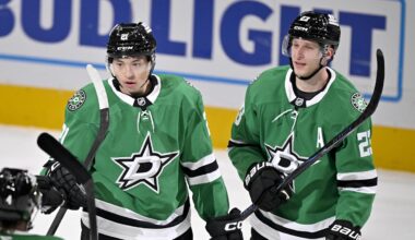 Feb 4, 2026; Dallas, Texas, USA; Dallas Stars left wing Jason Robertson (21) and center Wyatt Johnston (53) and right wing Mikko Rantanen (96) and defenseman Miro Heiskanen (4) and defenseman Esa Lindell (23) celebrates after Robertson scores a goal against the St. Louis Blues during the first period at the American Airlines Center. Mandatory Credit: Jerome Miron-Imagn Images