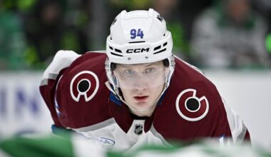 Apr 21, 2025; Dallas, Texas, USA; Dallas Stars defenseman Ilya Lyubushkin (46) and Colorado Avalanche left wing Joel Kiviranta (94) in action during the game between the Dallas Stars and the Colorado Avalanche in game two of the first round of the 2025 Stanley Cup Playoffs at American Airlines Center. Mandatory Credit: Jerome Miron-Imagn Images