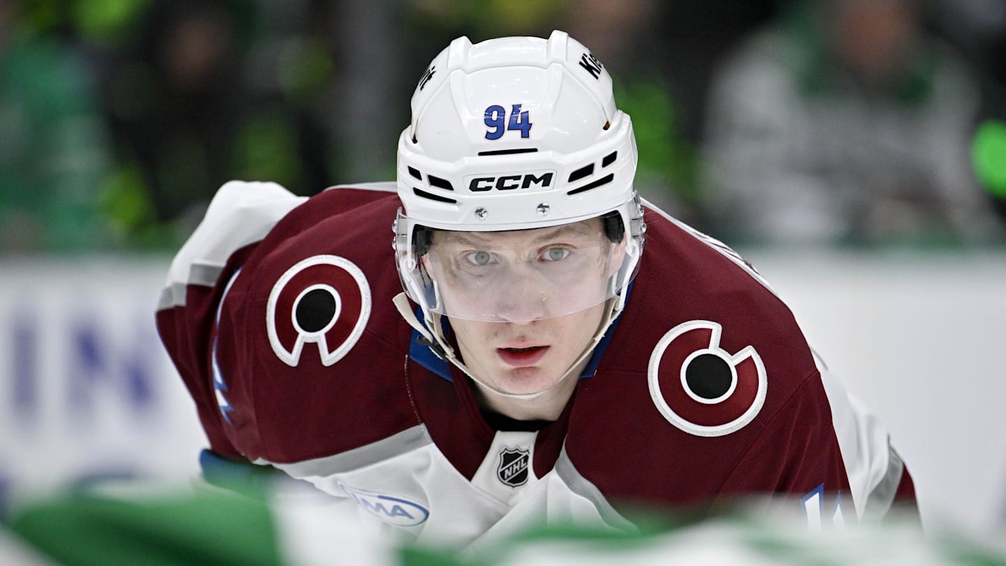 Apr 21, 2025; Dallas, Texas, USA; Dallas Stars defenseman Ilya Lyubushkin (46) and Colorado Avalanche left wing Joel Kiviranta (94) in action during the game between the Dallas Stars and the Colorado Avalanche in game two of the first round of the 2025 Stanley Cup Playoffs at American Airlines Center. Mandatory Credit: Jerome Miron-Imagn Images