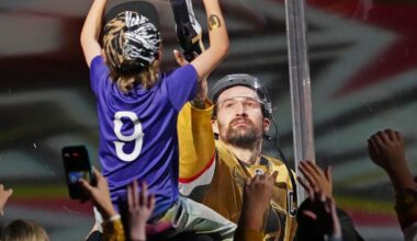 Feb 5, 2026; Las Vegas, Nevada, USA; Vegas Golden Knights right wing Mark Stone (61) hands a souvenir to a fan after being named Second Star of the Knight after the Golden Knights defeated the Los Angeles Kings 4-1 at T-Mobile Arena. Mandatory Credit: Stephen R. Sylvanie-Imagn Images
