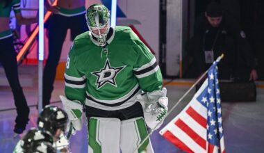 Feb 4, 2026; Dallas, Texas, USA; Dallas Stars goaltender Jake Oettinger (29) takes the ice as the Stars celebrate their 2026 Winter Olympics hockey players before the game against the St. Louis Blues at the American Airlines Center. Mandatory Credit: Jerome Miron-Imagn Images