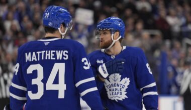 Dec 8, 2025; Toronto, Ontario, CAN; Toronto Maple Leafs forward William Nylander (88) and forward Auston Matthews (34) discuss a play against the Tampa Bay Lightning during the first period at Scotiabank Arena. Mandatory Credit: John E. Sokolowski-Imagn Images