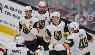 Oct 9, 2025; San Jose, California, USA; Vegas Golden Knights right wing Pavel Dorofeyev (16) celebrates with right wing Mitch Marner (93), center Jack Eichel (9), right wing Mark Stone (61) and center Tomas Hertl (48) after scoring a power play goal against the San Jose Sharks during the second period at SAP Center at San Jose. Mandatory Credit: Robert Edwards-Imagn Images