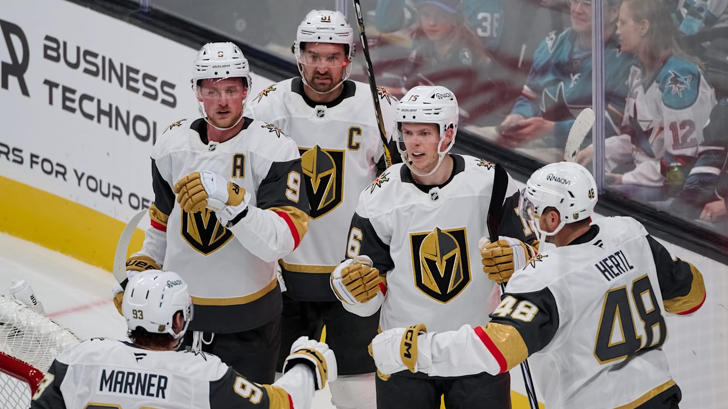 Oct 9, 2025; San Jose, California, USA; Vegas Golden Knights right wing Pavel Dorofeyev (16) celebrates with right wing Mitch Marner (93), center Jack Eichel (9), right wing Mark Stone (61) and center Tomas Hertl (48) after scoring a power play goal against the San Jose Sharks during the second period at SAP Center at San Jose. Mandatory Credit: Robert Edwards-Imagn Images