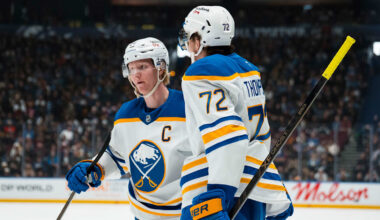 Dec 11, 2025; Vancouver, British Columbia, CAN; Buffalo Sabres defenseman Rasmus Dahlin (26) and forward Tage Thompson (72) celebrate Thompson’s goal against the Vancouver Canucks in the second period at Rogers Arena. Mandatory Credit: Bob Frid-Imagn Images