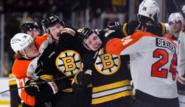 Jan 29, 2026; Boston, Massachusetts, USA; Philadelphia Flyers right wing Owen Tippett (74), Boston Bruins left wing Tanner Jeannot (84), center Michael Eyssimont (81), and defenseman Nick Seeler (24) grapple during the third period at TD Garden.