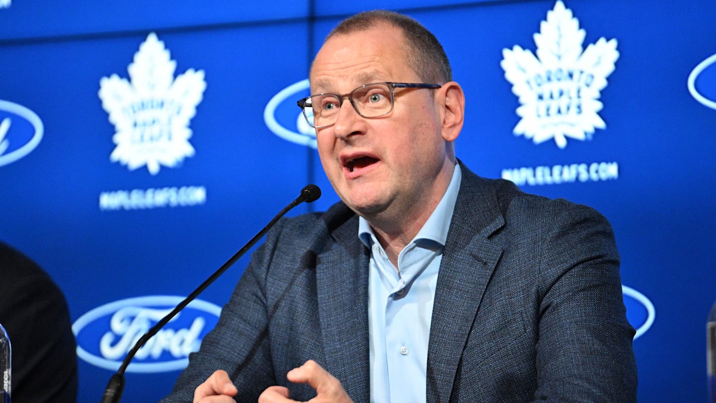 May 21, 2024; Toronto, Ontario, CANADA;  Toronto Maple Leafs general manager Brad Treliving speaks during a media conference to introduce new head coach Craig Berube (not shown)  at Ford Performance Centre. Mandatory Credit: Dan Hamilton-Imagn Images