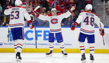Jan 31, 2026; Buffalo, New York, USA;  Montréal Canadiens right wing Cole Caufield (13) reacts after scoring a goal during the third period against the Buffalo Sabres at KeyBank Center. Mandatory Credit: Timothy T. Ludwig-Imagn Images