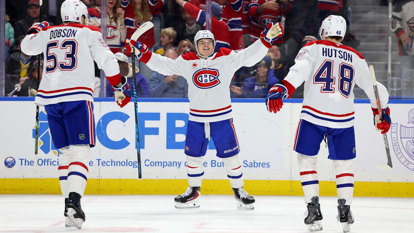 Jan 31, 2026; Buffalo, New York, USA;  Montréal Canadiens right wing Cole Caufield (13) reacts after scoring a goal during the third period against the Buffalo Sabres at KeyBank Center. Mandatory Credit: Timothy T. Ludwig-Imagn Images