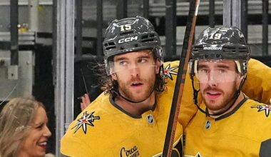 Jan 8, 2026; Las Vegas, Nevada, USA; Vegas Golden Knights right wing Reilly Smith (19) celebrates with defenseman Noah Hanifin (15) after scoring a goal against the Columbus Blue Jackets during the second period at T-Mobile Arena. Mandatory Credit: Stephen R. Sylvanie-Imagn Images