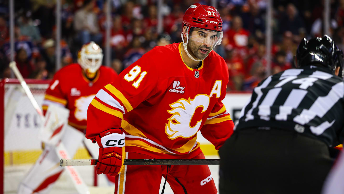 Feb 4, 2026; Calgary, Alberta, CAN; Calgary Flames center Nazem Kadri (91) against the Edmonton Oilers during the third period at Scotiabank Saddledome. Mandatory Credit: Sergei Belski-Imagn Images