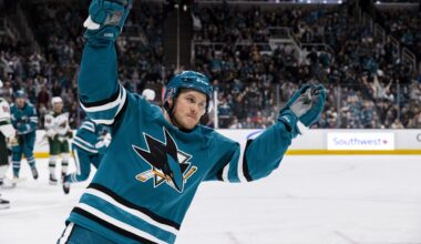 Dec 31, 2025; San Jose, California, USA;  San Jose Sharks left wing Jeff Skinner (53) reacts after scoring against the Minnesota Wild during the second period at SAP Center at San Jose. Mandatory Credit: John Hefti-Imagn Images